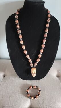 Skull Bead Necklace Bracelet Set Gothic Biker Halloween 28" Necklace